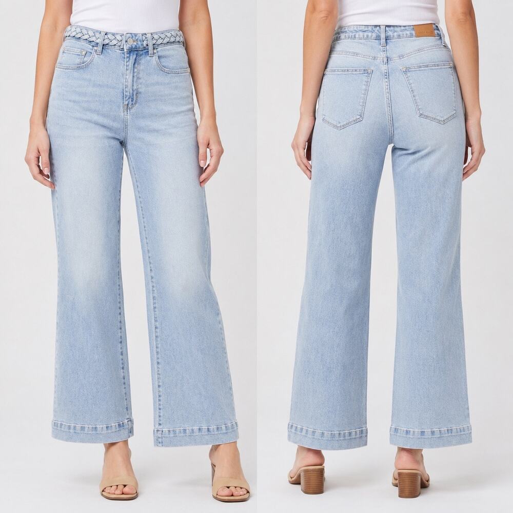 NWT Judy Blue High Waist Wide Leg Jeans Light Blue Braided Sz16W 70’s Revival